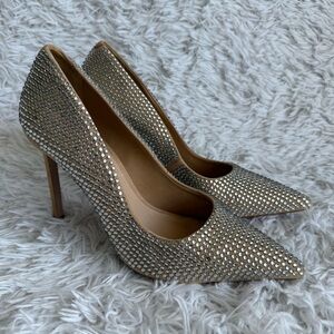 SCHUTZ Lou Crystal Pumps in Nude Leather with Crystal Embellishments Size 8.5